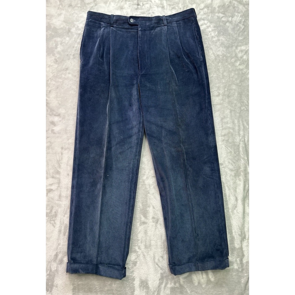 Vintage Bernard Zins Blue Corduroy Pants Men's Size 40x32 Double Pleated Cuffed